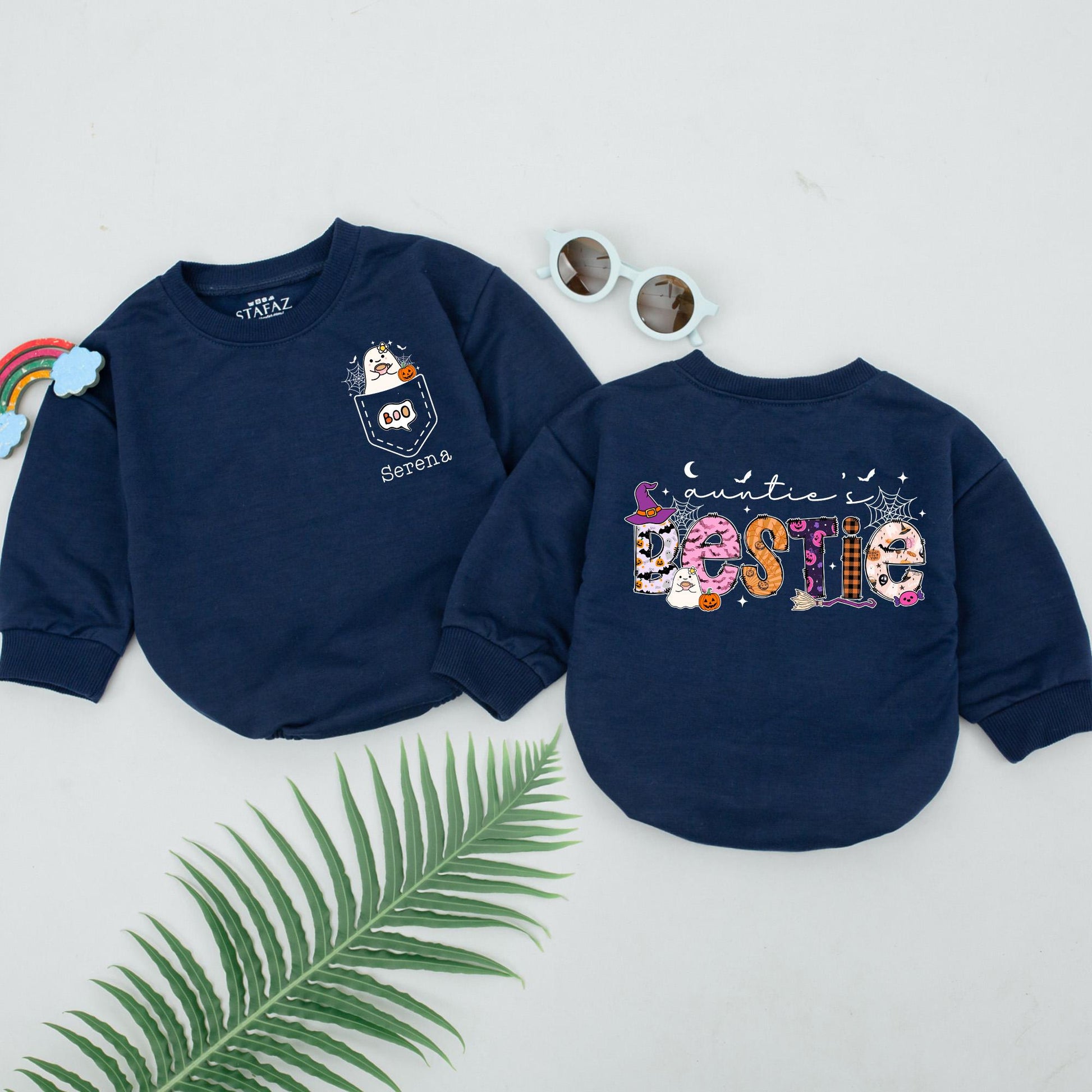 Personalized Auntie's Bestie Baby Romper Spooky First Halloween Ghost Pumpkin Spiderweb Design Little Boo Shower Gift Outfit