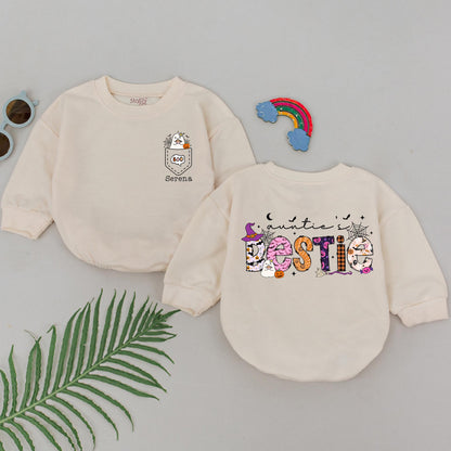 Personalized Auntie's Bestie Baby Romper Spooky First Halloween Ghost Pumpkin Spiderweb Design Little Boo Shower Gift Outfit