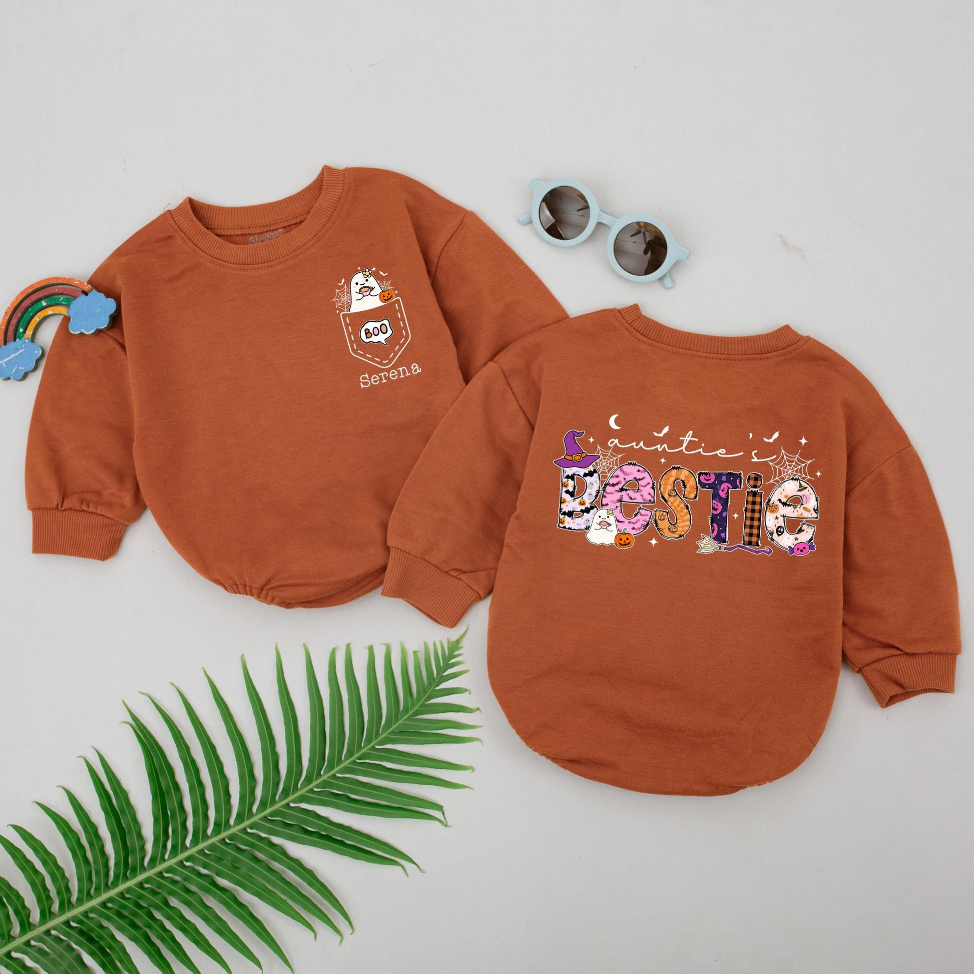 Personalized Auntie's Bestie Baby Romper Spooky First Halloween Ghost Pumpkin Spiderweb Design Little Boo Shower Gift Outfit