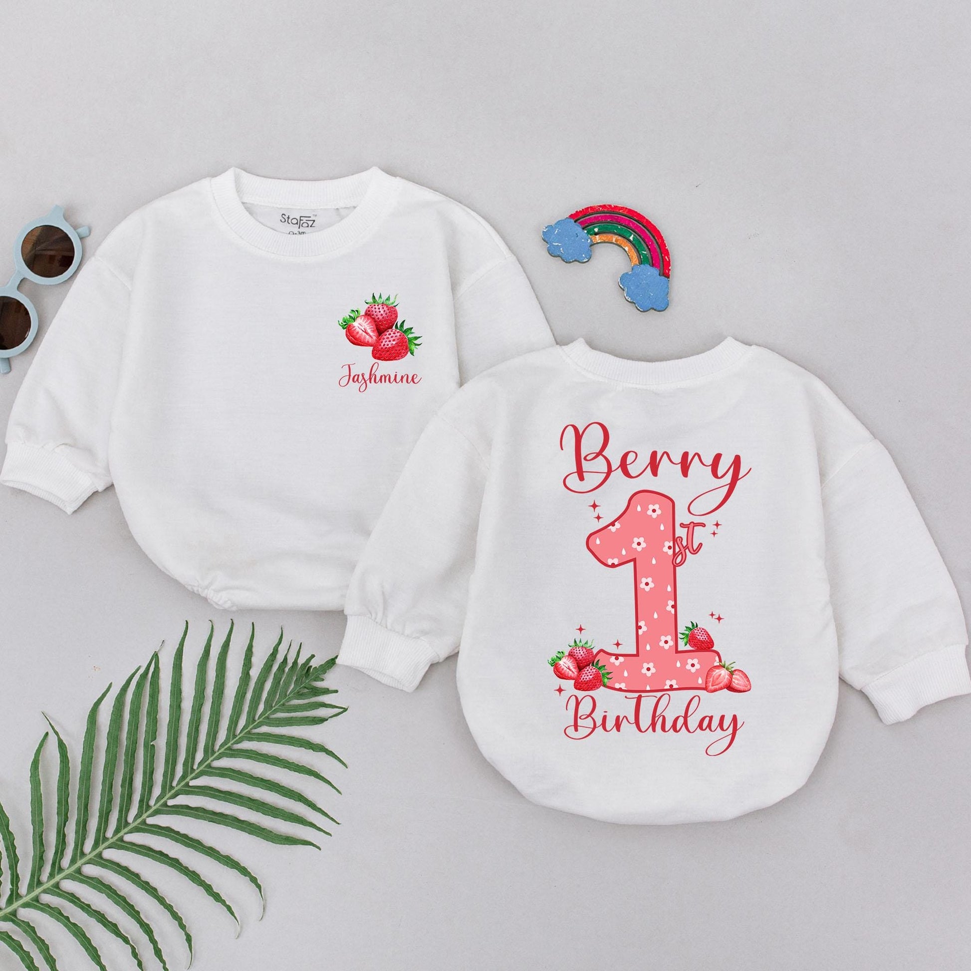 Sweet Berry 1st Birthday Romper for Girls Personalized "Jasmine" Custom Name Outfit Whimsical Strawberry Floral Celebration Bodysuit Baby Shower Gift Bubble Style