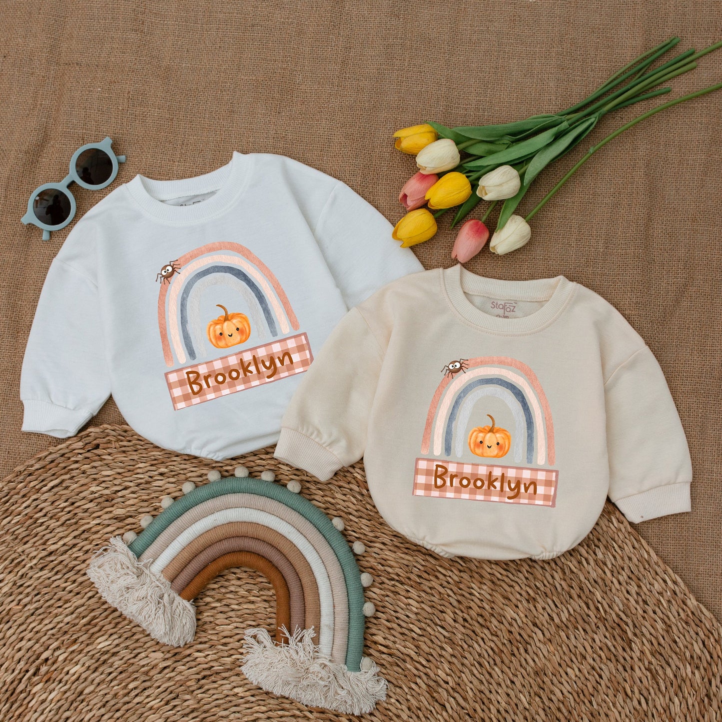 Custom Pumpkin Fall Rainbow Baby Romper Halloween Outfit, Pastel Colors, Spider & Brooklyn Banner, Baby Shower Gift, Fall Newborn Clothes