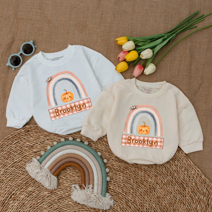 Custom Pumpkin Fall Rainbow Baby Romper Halloween Outfit, Pastel Colors, Spider & Brooklyn Banner, Baby Shower Gift, Fall Newborn Clothes