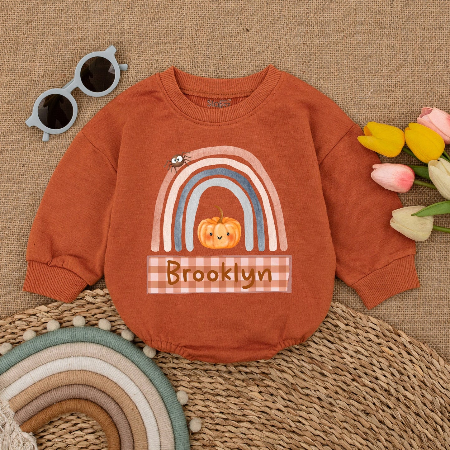Custom Pumpkin Fall Rainbow Baby Romper Halloween Outfit, Pastel Colors, Spider & Brooklyn Banner, Baby Shower Gift, Fall Newborn Clothes