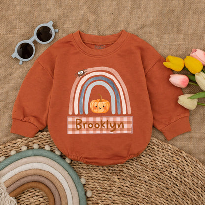 Custom Pumpkin Fall Rainbow Baby Romper Halloween Outfit, Pastel Colors, Spider & Brooklyn Banner, Baby Shower Gift, Fall Newborn Clothes