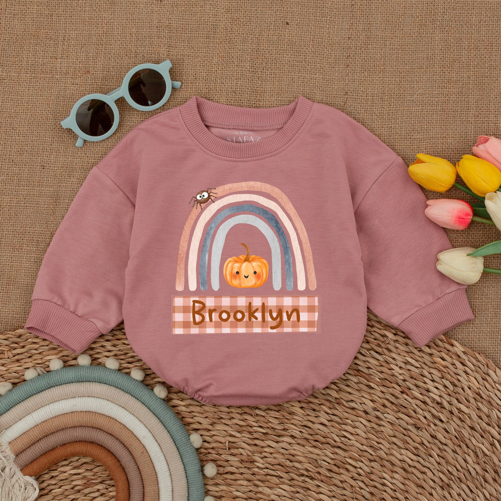 Custom Pumpkin Fall Rainbow Baby Romper Halloween Outfit, Pastel Colors, Spider & Brooklyn Banner, Baby Shower Gift, Fall Newborn Clothes