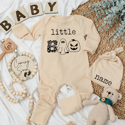 Little Boo Halloween Bodysuit & Hat Set - Custom Name First Thanksgiving Outfit, Cute Ghost Pumpkin Infant Fall Baby Shower Gift Set (139 chars)