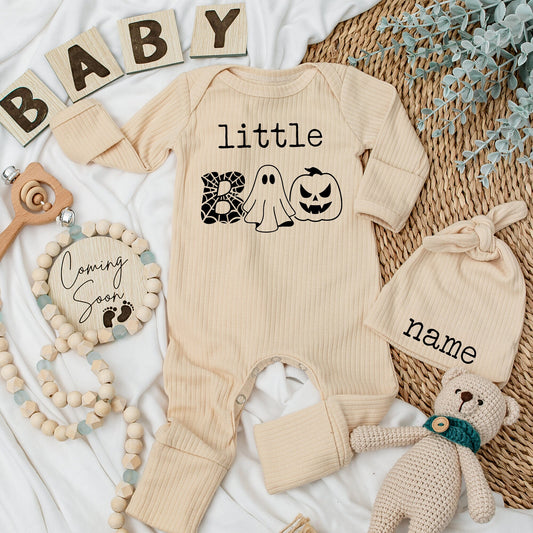 Little Boo Halloween Bodysuit & Hat Set - Custom Name First Thanksgiving Outfit, Cute Ghost Pumpkin Infant Fall Baby Shower Gift Set (139 chars)