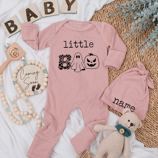 Little Boo Halloween Bodysuit & Hat Set - Custom Name First Thanksgiving Outfit, Cute Ghost Pumpkin Infant Fall Baby Shower Gift Set (139 chars)