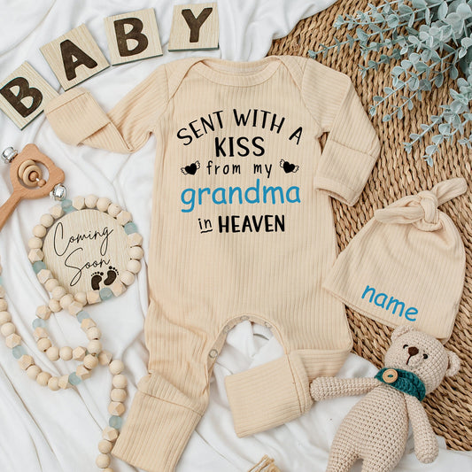 Sent With A Kiss From Grandma In Heaven Baby Bodysuit Blue Black Winged Heart Design, Personalized Guardian Angel Baby Shower Gift Newborn Apparel