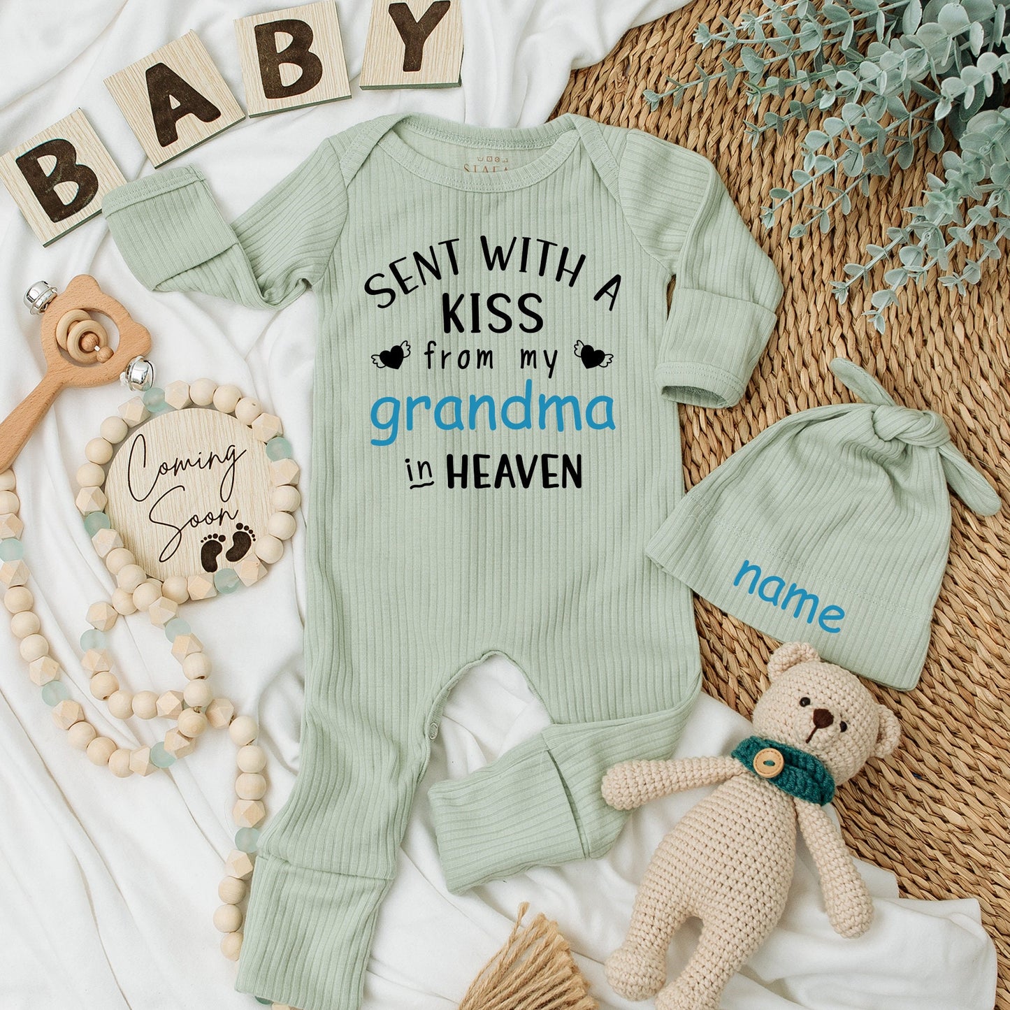 Sent With A Kiss From Grandma In Heaven Baby Bodysuit Blue Black Winged Heart Design, Personalized Guardian Angel Baby Shower Gift Newborn Apparel