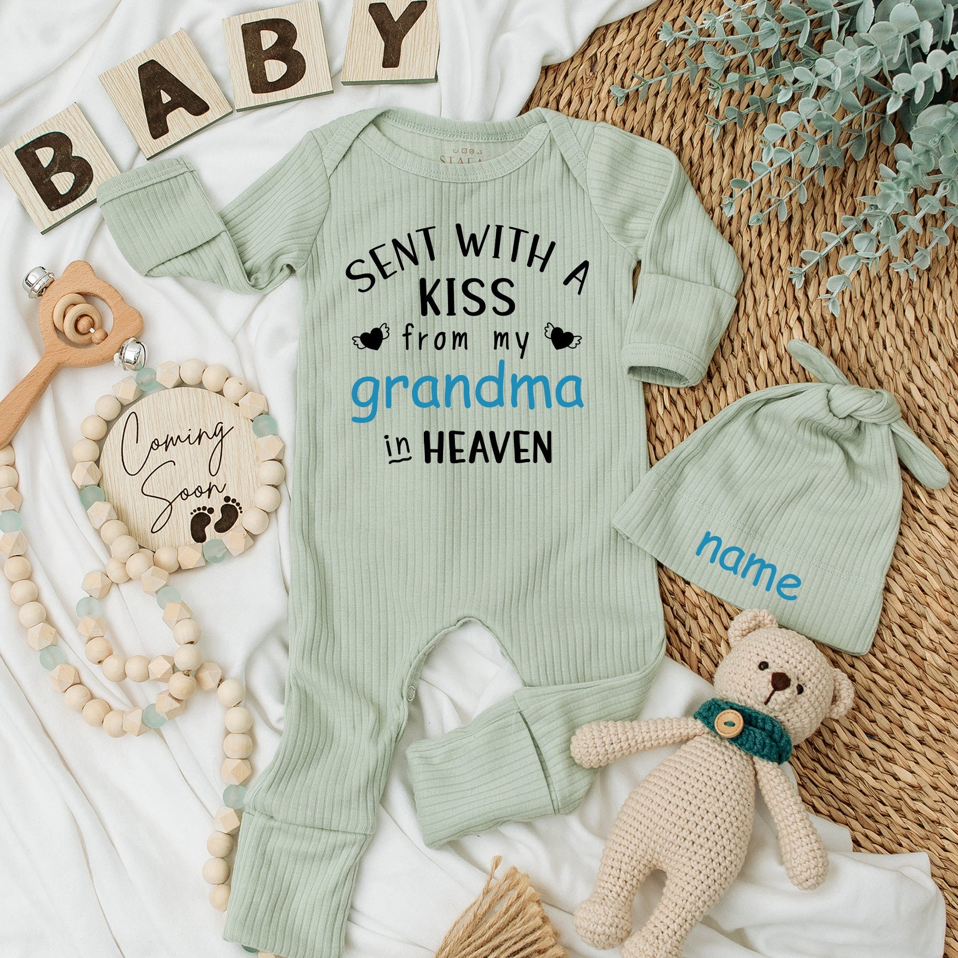 Sent With A Kiss From Grandma In Heaven Baby Bodysuit Blue Black Winged Heart Design, Personalized Guardian Angel Baby Shower Gift Newborn Apparel