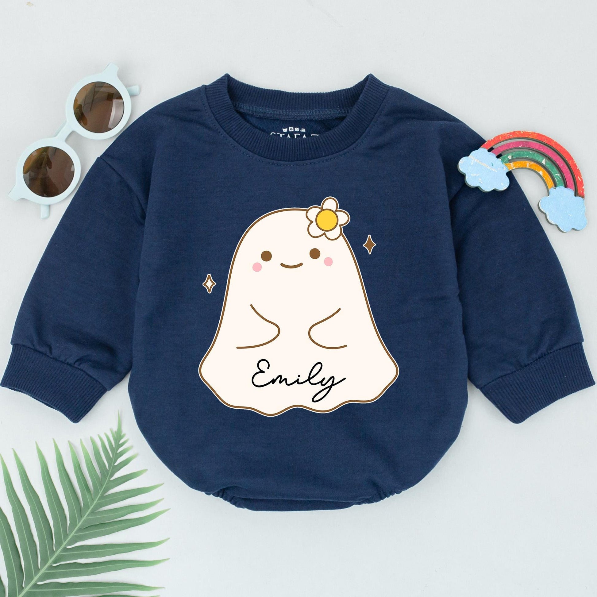 Personalized First Halloween Baby Romper Cute Ghost Name Design Sweet Boo Outfit Yellow Flower Cheeks Fall Shower Gift Infant Bodysuit