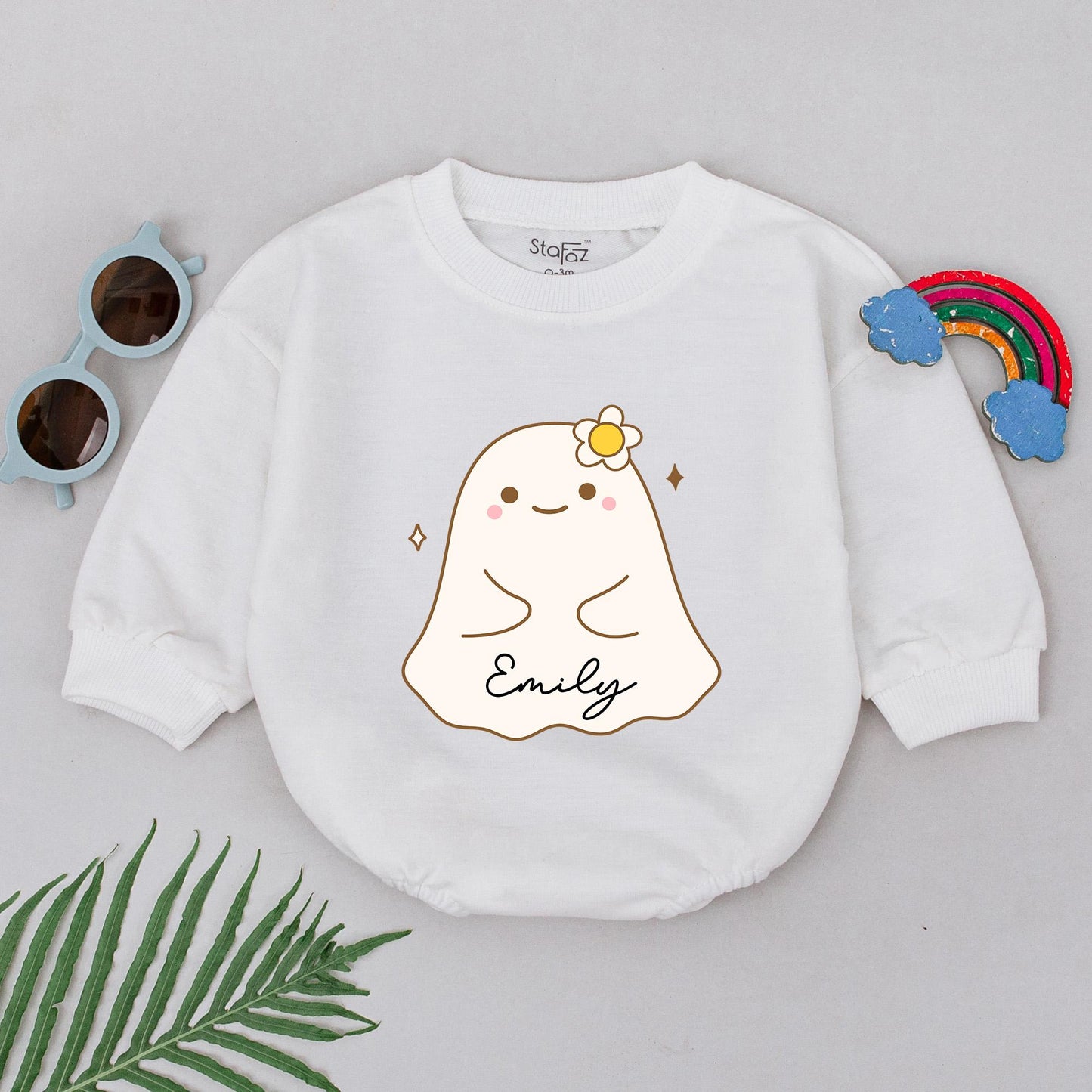 Personalized First Halloween Baby Romper Cute Ghost Name Design Sweet Boo Outfit Yellow Flower Cheeks Fall Shower Gift Infant Bodysuit