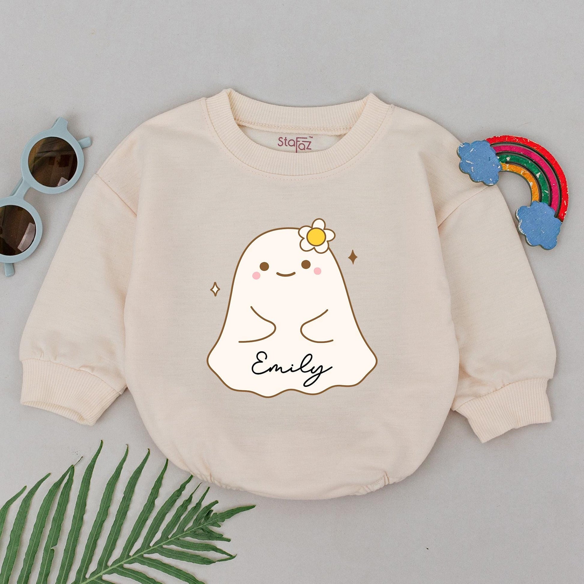 Personalized First Halloween Baby Romper Cute Ghost Name Design Sweet Boo Outfit Yellow Flower Cheeks Fall Shower Gift Infant Bodysuit