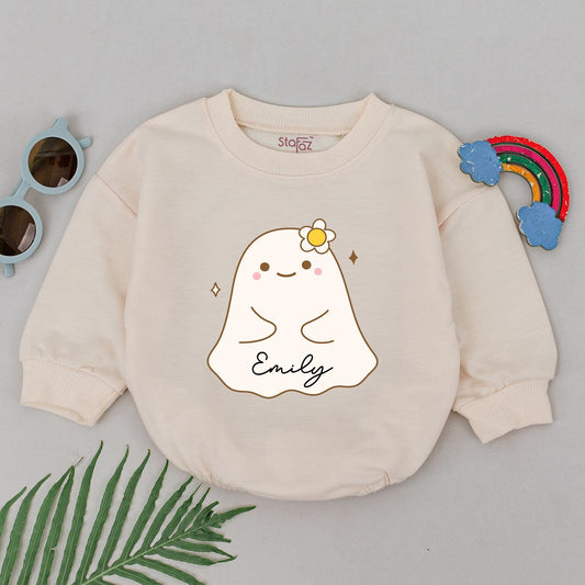 Personalized First Halloween Baby Romper Cute Ghost Name Design Sweet Boo Outfit Yellow Flower Cheeks Fall Shower Gift Infant Bodysuit