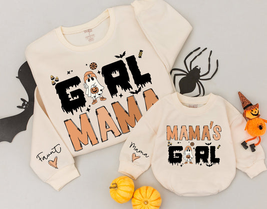 Cozy Girl Mama and Mama's Girl Matching Mommy and Me Retro Halloween Sweatshirts Vintage Ghost Family Costume Outfit