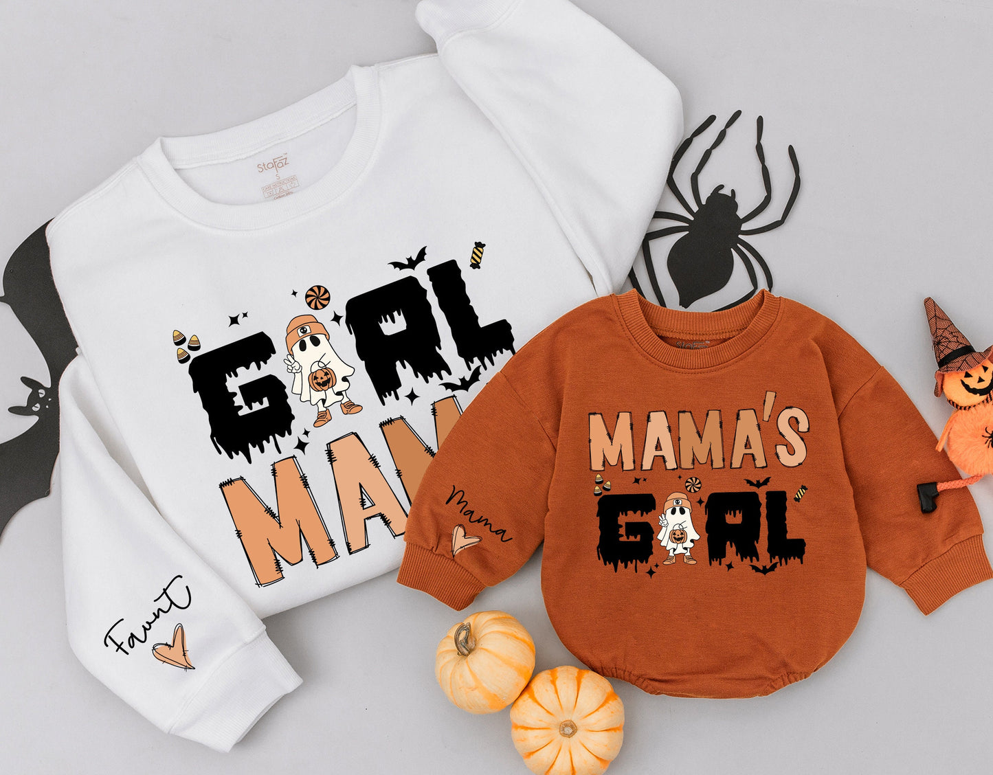 Cozy Girl Mama and Mama's Girl Matching Mommy and Me Retro Halloween Sweatshirts Vintage Ghost Family Costume Outfit