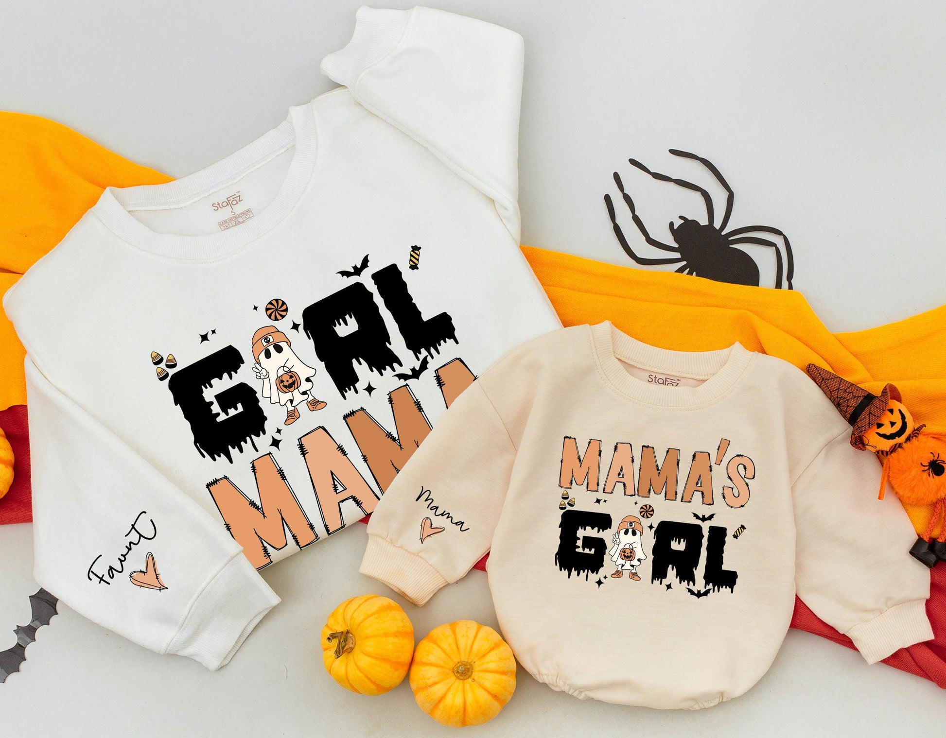 Cozy Girl Mama and Mama's Girl Matching Mommy and Me Retro Halloween Sweatshirts Vintage Ghost Family Costume Outfit