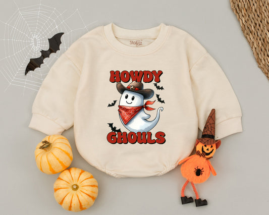Retro Western Baby Halloween Romper – Cute Pumpkin Ghost Costume