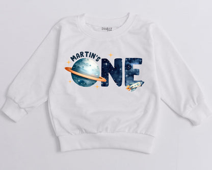 Martin's One Space Birthday Sweatshirt, First Trip Around The Sun Outfit, Starry 1st Birthday Boy Clothes, Rocket Ship Tee, Watercolor Astronaut Party 139