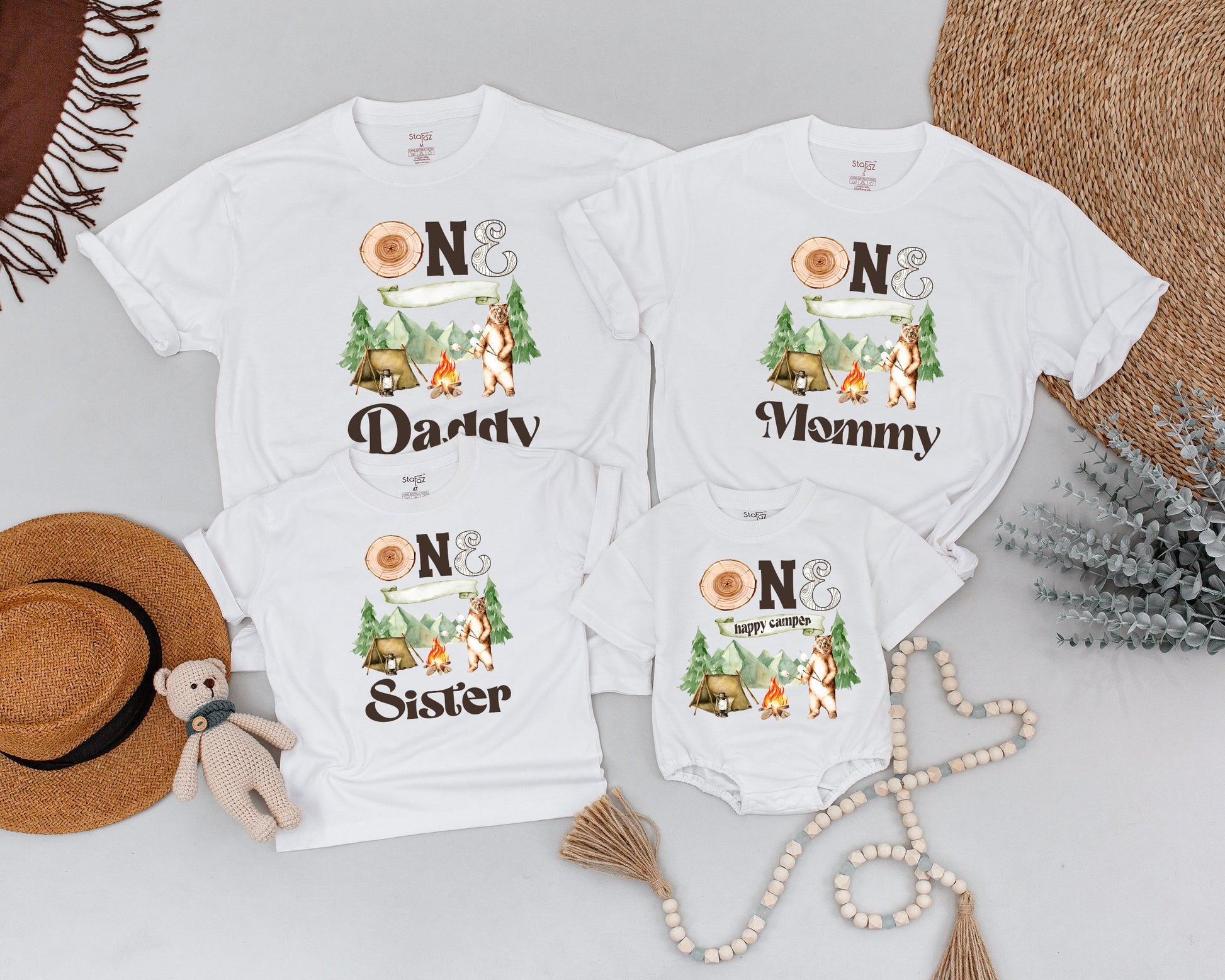 One Happy Camper 1st Birthday Family Matching Shirts Camping Bear Forest Adventure Wood Slice Design for Baby Toddler First Birthday Party