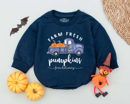 Cute Retro Halloween Romper: Farm Fresh Pumpkin Baby Outfit  
