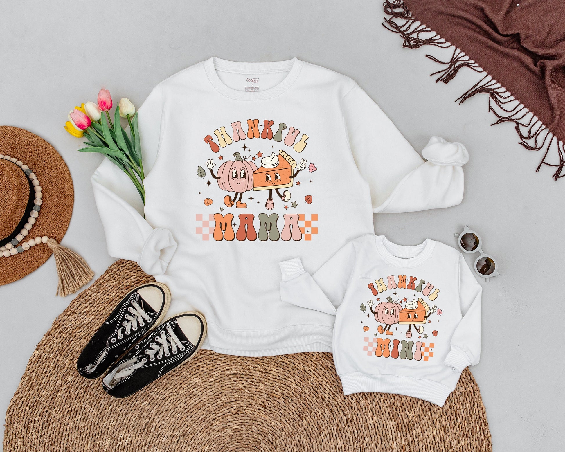 Retro Thankful Mama and Mini Matching Thanksgiving Outfits Pumpkin Pie Fall Leaves Stars Family Holiday Celebration
