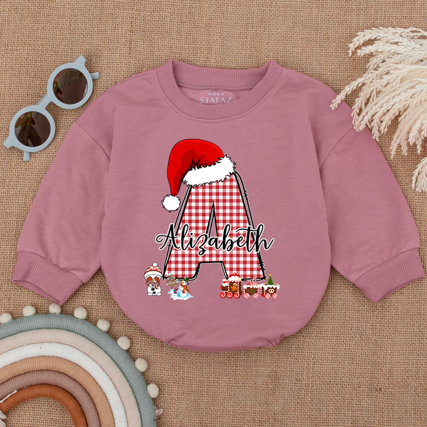 Custom Christmas Baby Outfit with Red Gingham Initial & Santa Hat! Personalized Baby Bodysuit or Romper Gift
