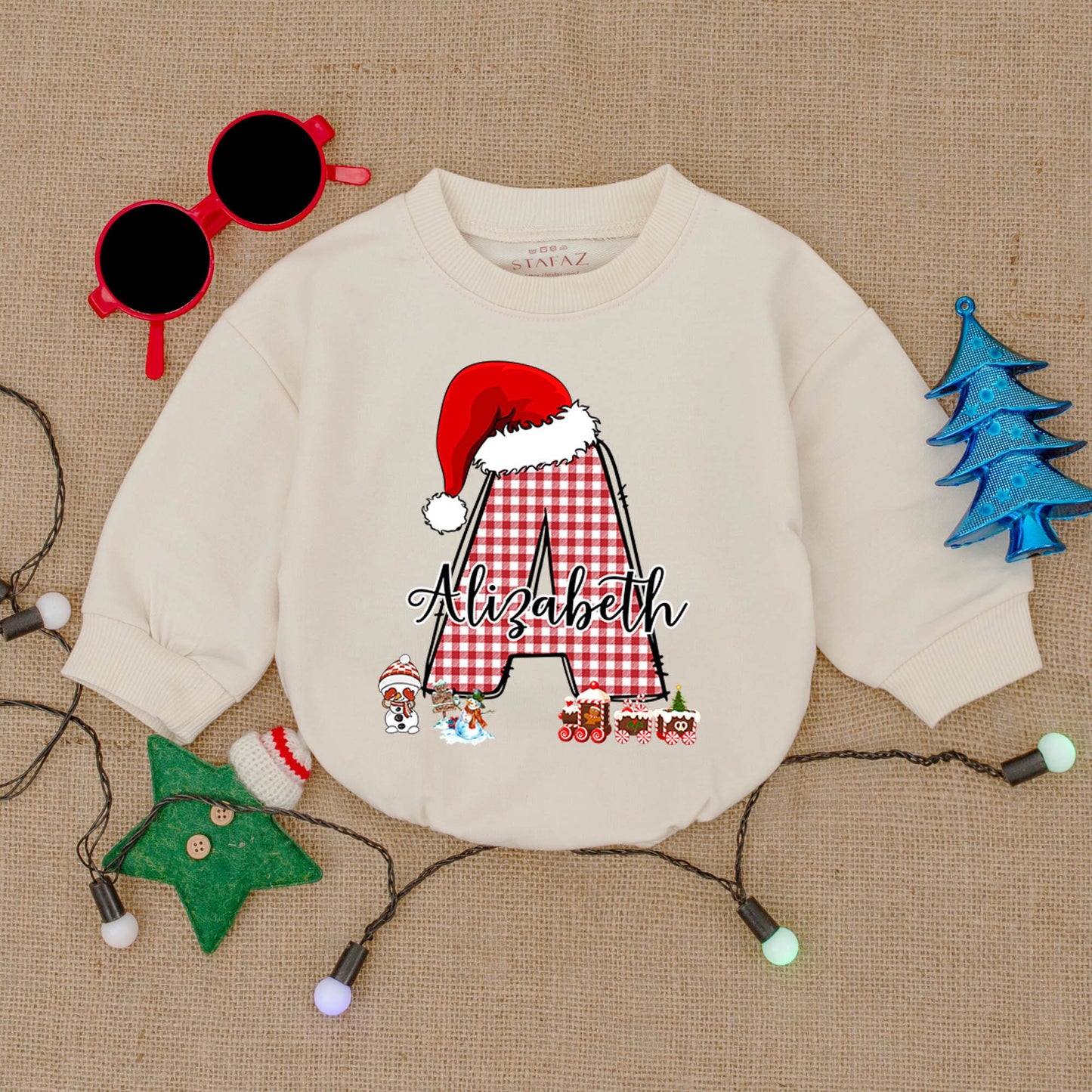 Custom Christmas Baby Outfit with Red Gingham Initial & Santa Hat! Personalized Baby Bodysuit or Romper Gift