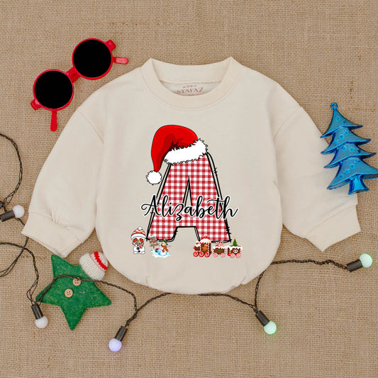 Custom Christmas Baby Outfit with Red Gingham Initial & Santa Hat! Personalized Baby Bodysuit or Romper Gift