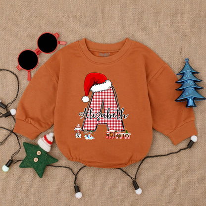 Custom Christmas Baby Outfit with Red Gingham Initial & Santa Hat! Personalized Baby Bodysuit or Romper Gift
