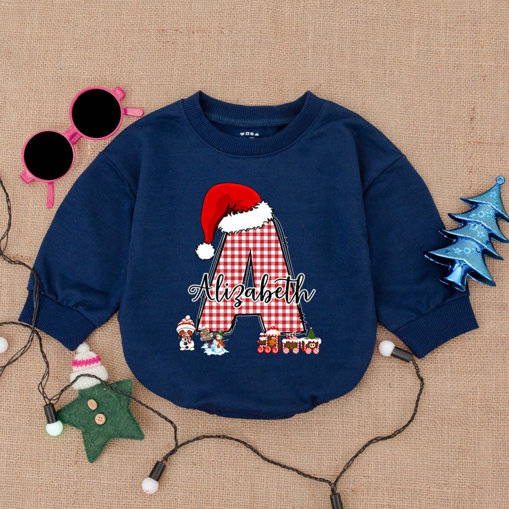 Custom Christmas Baby Outfit with Red Gingham Initial & Santa Hat! Personalized Baby Bodysuit or Romper Gift