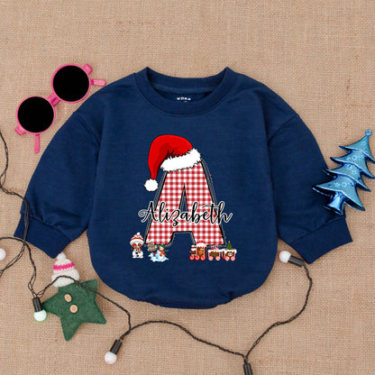 Custom Christmas Baby Outfit with Red Gingham Initial & Santa Hat! Personalized Baby Bodysuit or Romper Gift