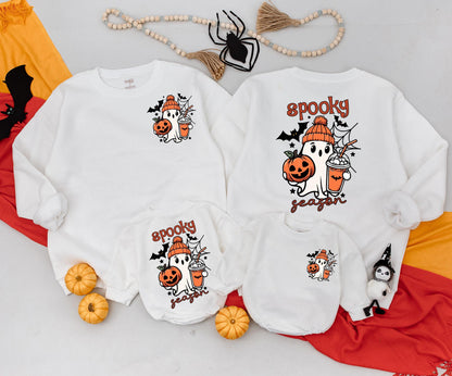 Matching Family Halloween Sweatshirt & Romper Cute Spooky Ghost Design Vintage Cartoon Style Orange Black White Fall Celebration Gift