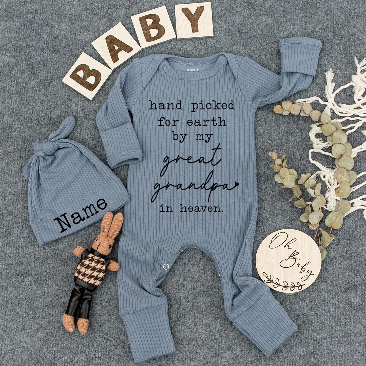 Custom Hand Picked by My Great Grandpa in Heaven Baby Bodysuit Newborn Outfit Set with Personalized Name Hat for Pregnancy Announcement Gender Reveal Baby Shower Gift
