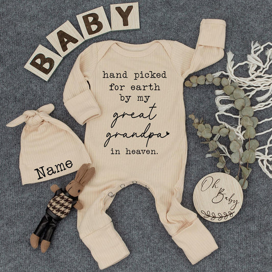 Custom Hand Picked by My Great Grandpa in Heaven Baby Bodysuit Newborn Outfit Set with Personalized Name Hat for Pregnancy Announcement Gender Reveal Baby Shower Gift