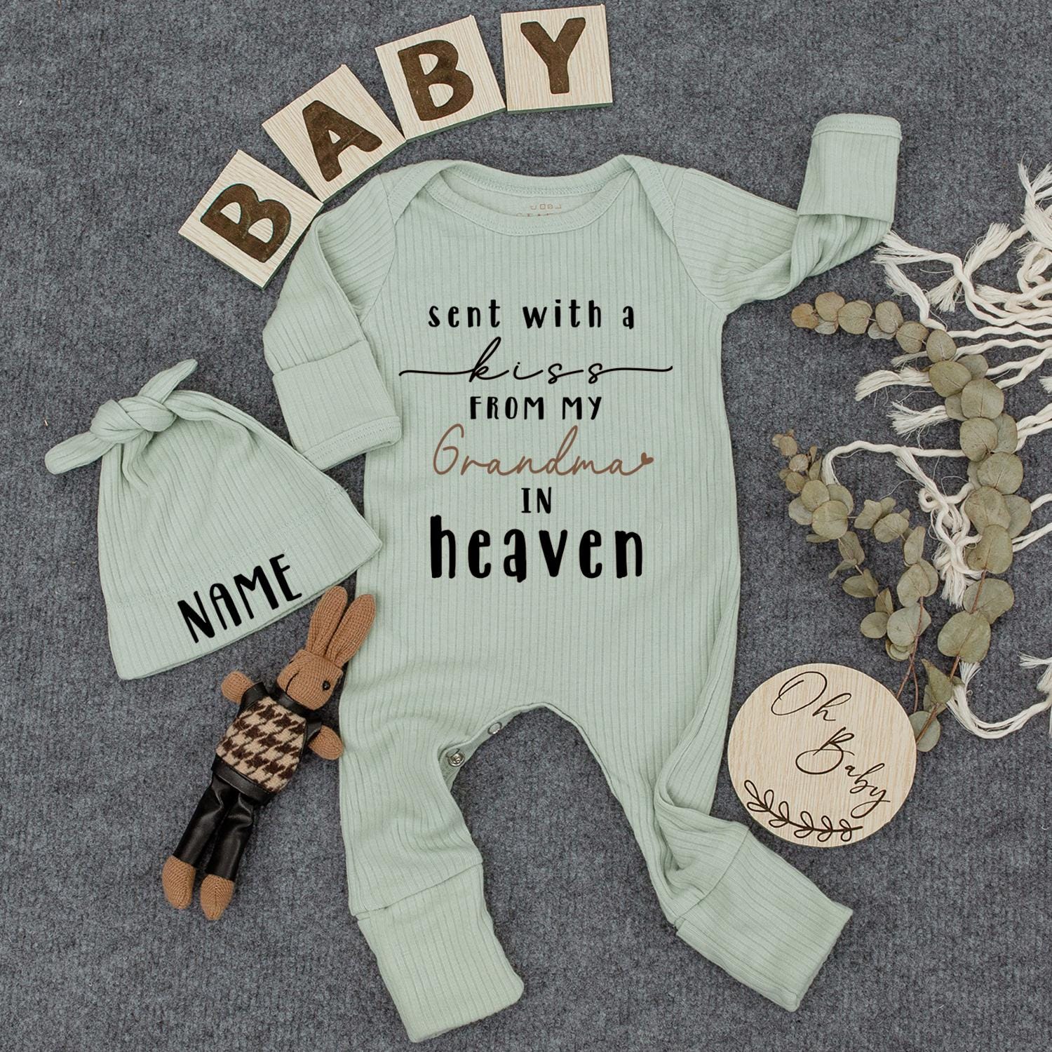 Sent With A Kiss From Grandma In Heaven Baby Bodysuit, Newborn Gift, Pregnancy Reveal, Baby Shower, Custom Baby Clothes