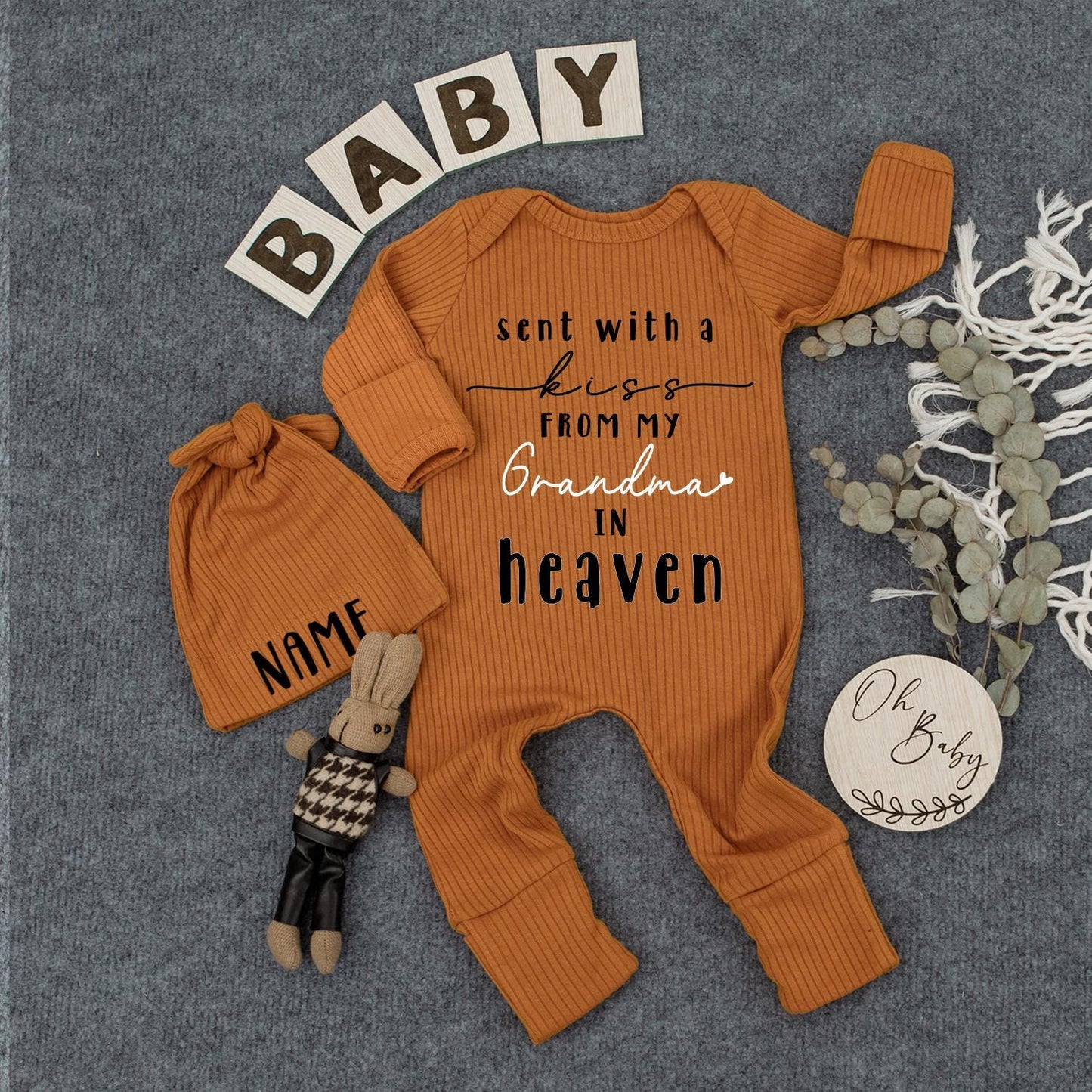 Sent With A Kiss From Grandma In Heaven Baby Bodysuit, Newborn Gift, Pregnancy Reveal, Baby Shower, Custom Baby Clothes