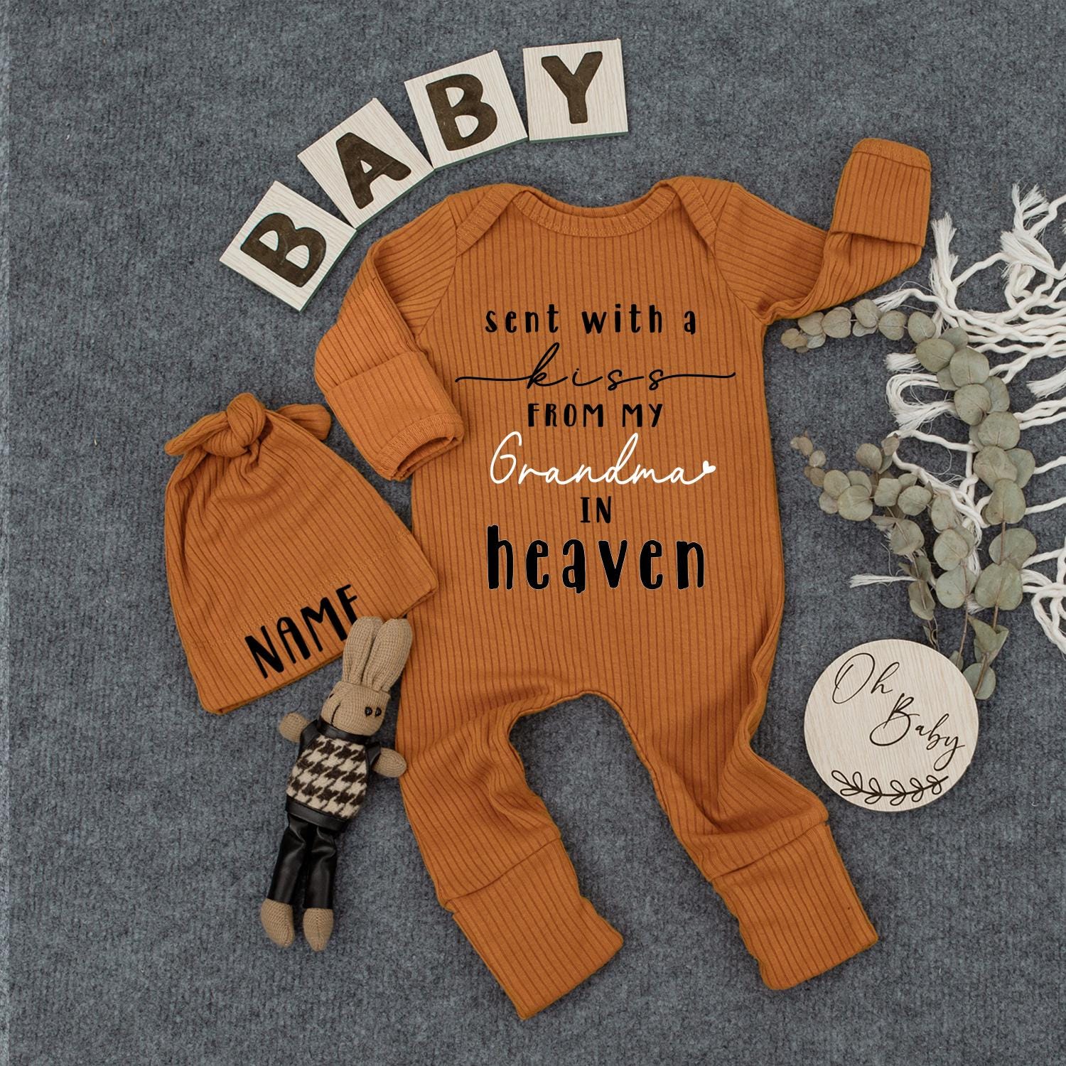 Sent With A Kiss From Grandma In Heaven Baby Bodysuit, Newborn Gift, Pregnancy Reveal, Baby Shower, Custom Baby Clothes