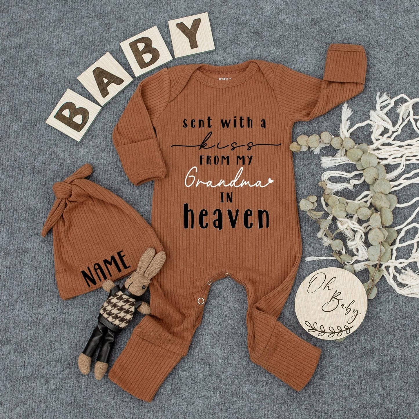 Sent With A Kiss From Grandma In Heaven Baby Bodysuit, Newborn Gift, Pregnancy Reveal, Baby Shower, Custom Baby Clothes