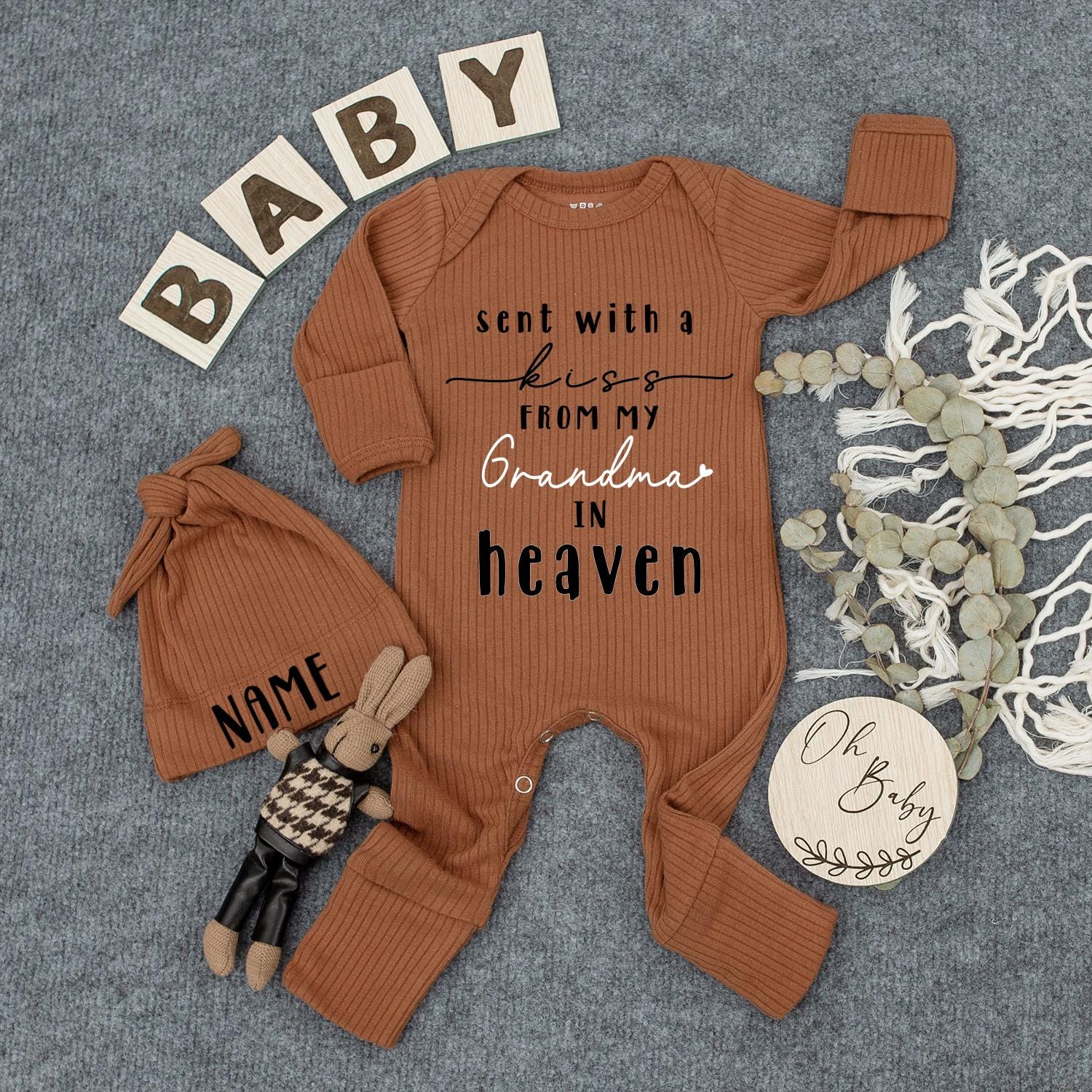 Sent With A Kiss From Grandma In Heaven Baby Bodysuit, Newborn Gift, Pregnancy Reveal, Baby Shower, Custom Baby Clothes