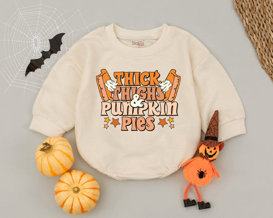 Thick Thighs Pumpkin Pies Baby Romper Cute Thanksgiving Fall Outfit Newborn First Day Baby Shower Gift