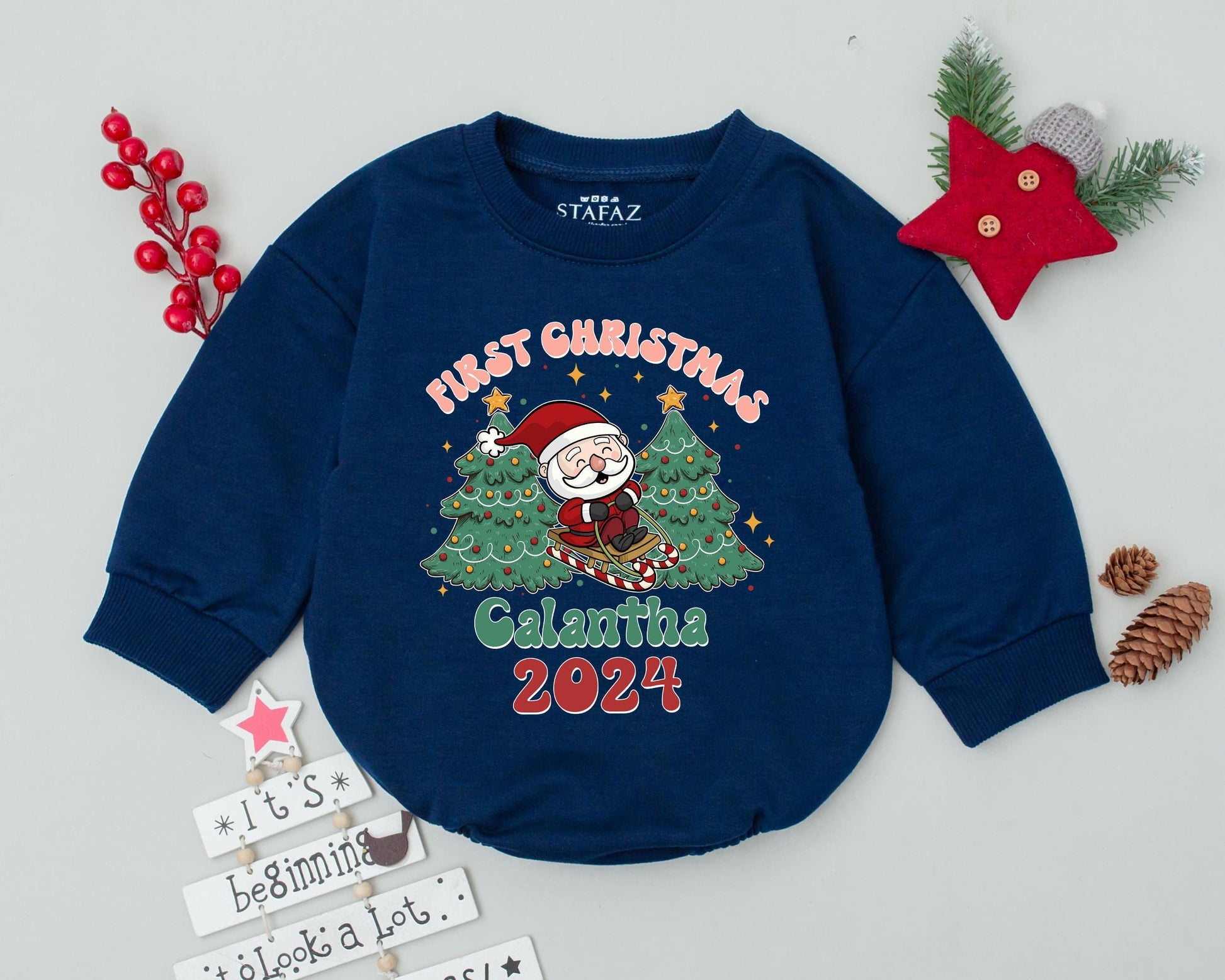 Personalized First Christmas Romper & Retro Howdy Santa Bodysuit