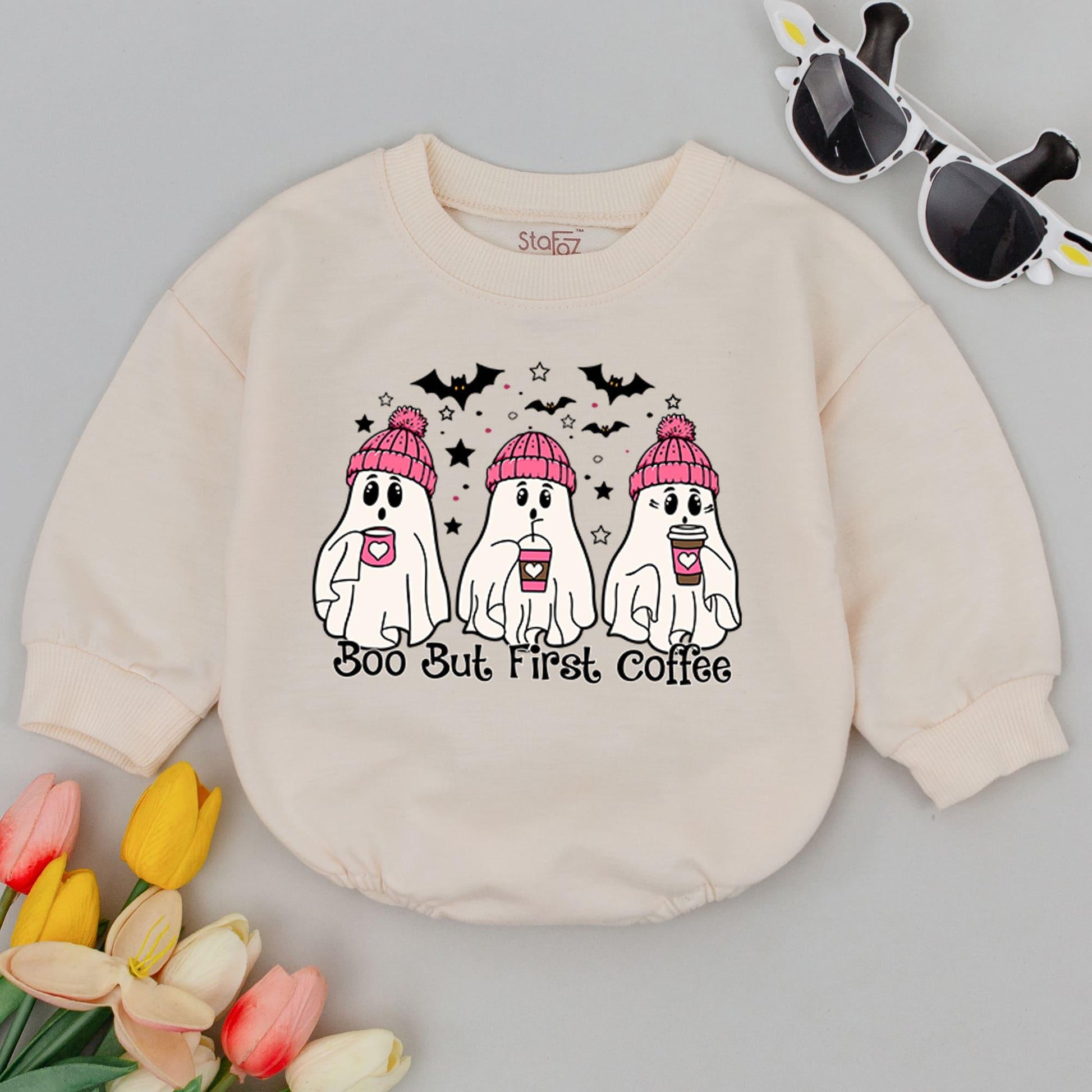 Pink Ghost Coffee Halloween Romper – Cute Fall Baby Bodysuit