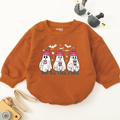 Boo But First Coffee Ghost Baby Romper Cute Halloween Outfit for Infant Girl or Boy Soft Cotton Fall Bodysuit Pink Hats Bats Stars 1st Halloween 138 chars