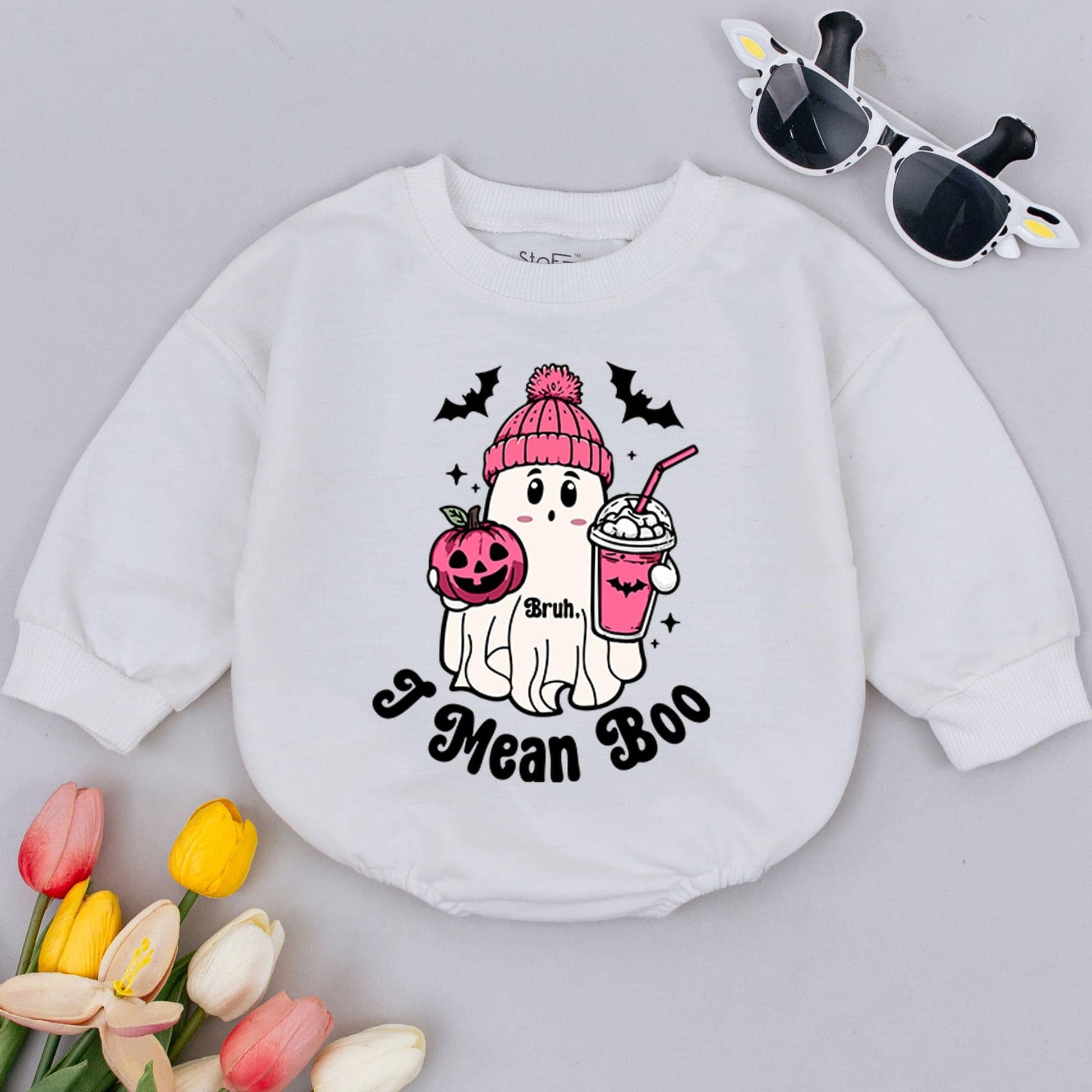Funny Cute Ghost Bruh I Mean Boo Halloween Baby Romper Pink Hat Pumpkin Milkshake Bats Infant Bodysuit Soft Fall Outfit