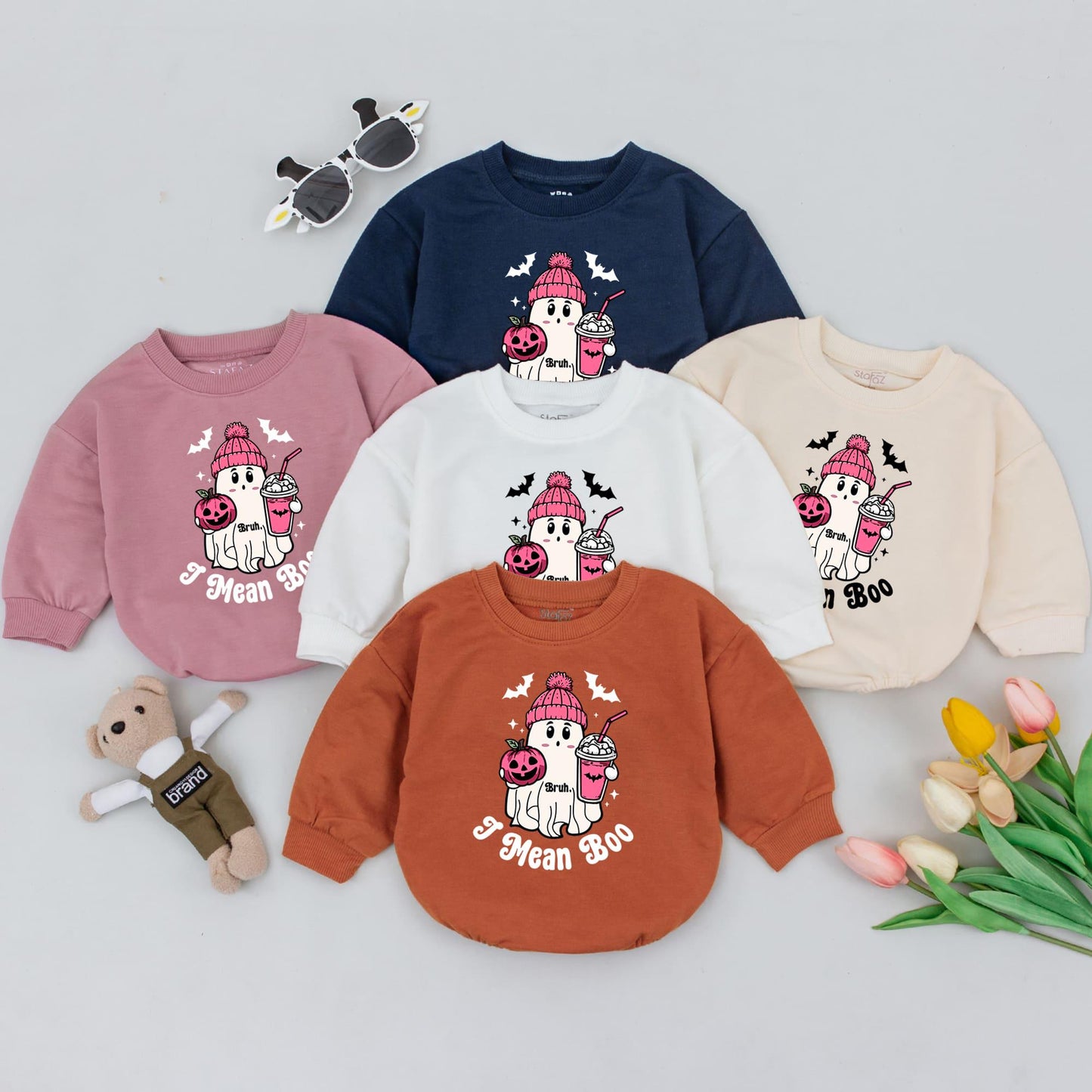 Funny Cute Ghost Bruh I Mean Boo Halloween Baby Romper Pink Hat Pumpkin Milkshake Bats Infant Bodysuit Soft Fall Outfit