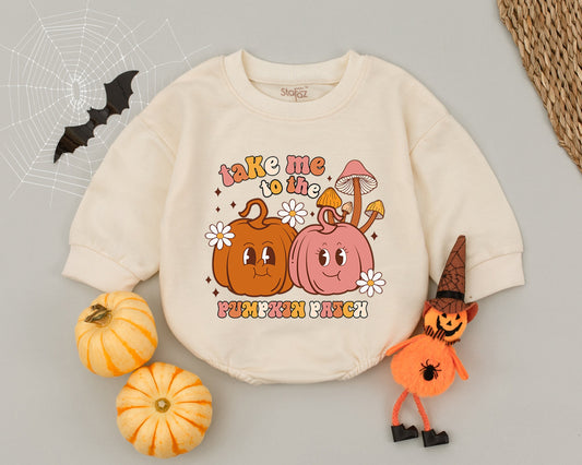 Groovy Pumpkin Patch Baby Romper - First Thanksgiving Fall Outfit
