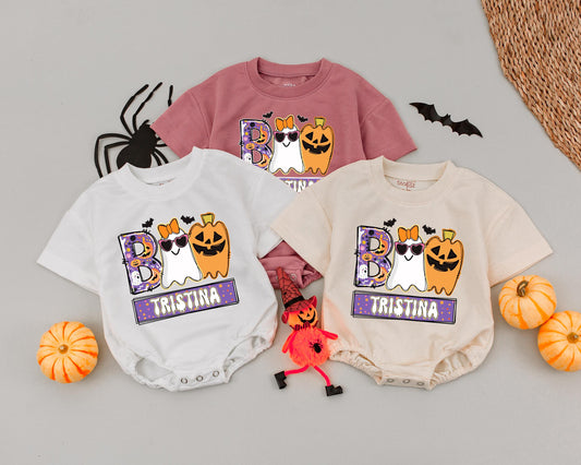 Custom Tristina Boo Romper, Spooky Cute Halloween Ghost Baby Bodysuit, Personalized Fall Outfit for Baby Girl, Funny Cartoon Halloween Baby Shower Gift (139 chars)