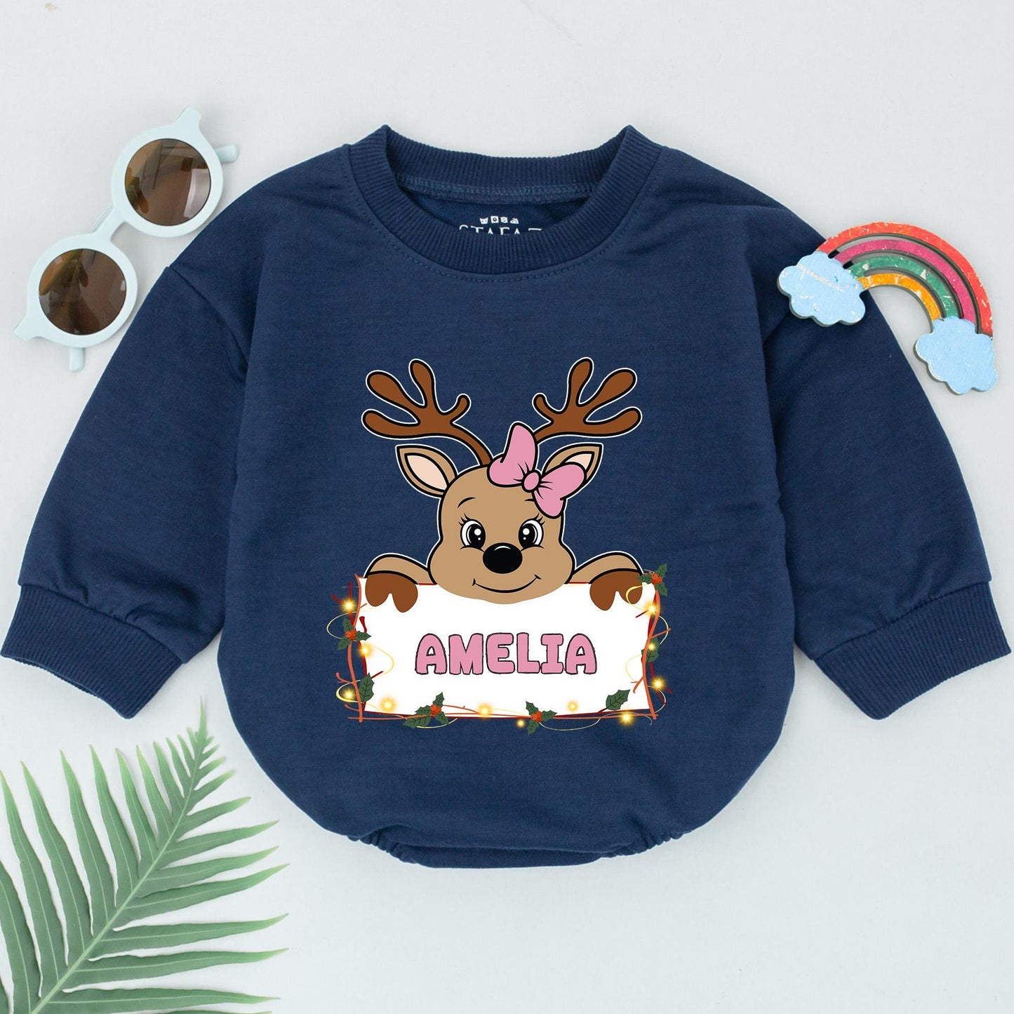 Personalized Amelia Reindeer Romper, Christmas Outfit, Baby's 1st Xmas, Cute Holiday Romper, Girls Boys Newborn Shower Gift, Holly Lights 139 chars